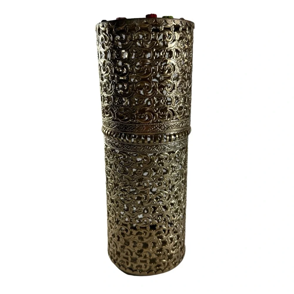 Vintage Gold Filigree Hairspray Can Holder Hollywood Regency Enamel Flowers
